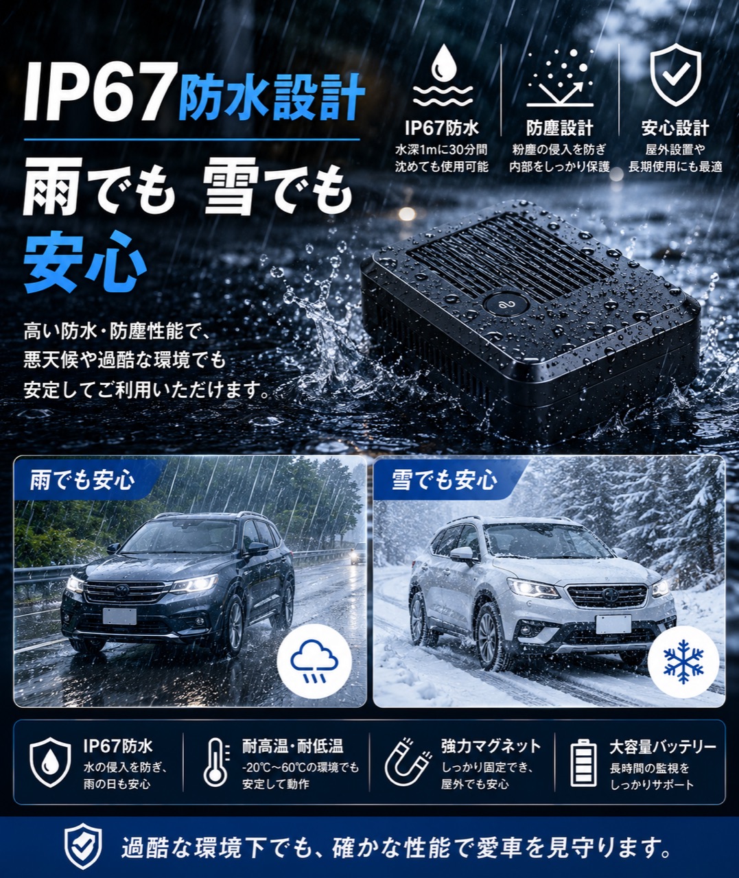 IP67防水設計で雨や雪でも安心